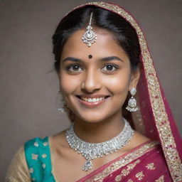 A 20-year-old Indian girl full of grace and beauty, adorned in traditional attire, with a radiant smile and sparkling eyes