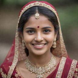 A 20-year-old Indian girl full of grace and beauty, adorned in traditional attire, with a radiant smile and sparkling eyes