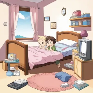 In the anime series, the main character often likes to lie around in their room and watch cartoons.