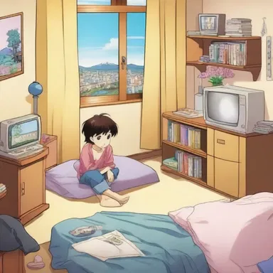 In the anime series, the main character often likes to lie around in their room and watch cartoons.