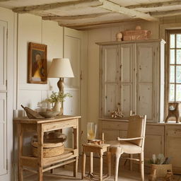 A cozy French country home interior, bathed in warm hues including tones of cream, pale yellow, and soft brown. Features rustic wooden furniture and vintage decor