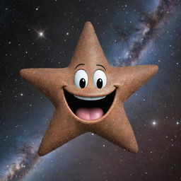 A star with a goofy, anthropomorphic face showing pure joy and hilarity against the backdrop of a dark, star-speckled galaxy.