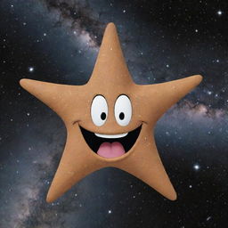 A star with a goofy, anthropomorphic face showing pure joy and hilarity against the backdrop of a dark, star-speckled galaxy.