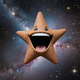 A star with a goofy, anthropomorphic face showing pure joy and hilarity against the backdrop of a dark, star-speckled galaxy.