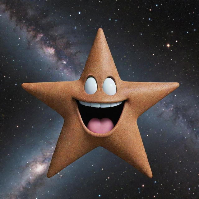 A star with a goofy, anthropomorphic face showing pure joy and hilarity against the backdrop of a dark, star-speckled galaxy.