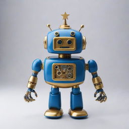 A humorous gold and blue robot designed to resemble a star, with lighthearted mechanical aesthetics.