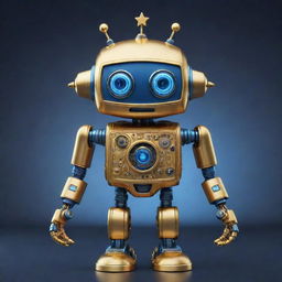 A humorous gold and blue robot designed to resemble a star, with lighthearted mechanical aesthetics.