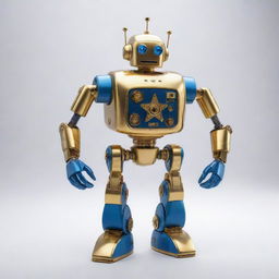 A humorous gold and blue robot designed to resemble a star, with lighthearted mechanical aesthetics.