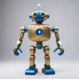 A humorous gold and blue robot designed to resemble a star, with lighthearted mechanical aesthetics.