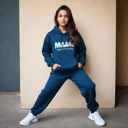 A charismatic 20-year-old Indian girl, exuding beauty and charm, casually dressed in a trendy hoodie and fashionable trousers