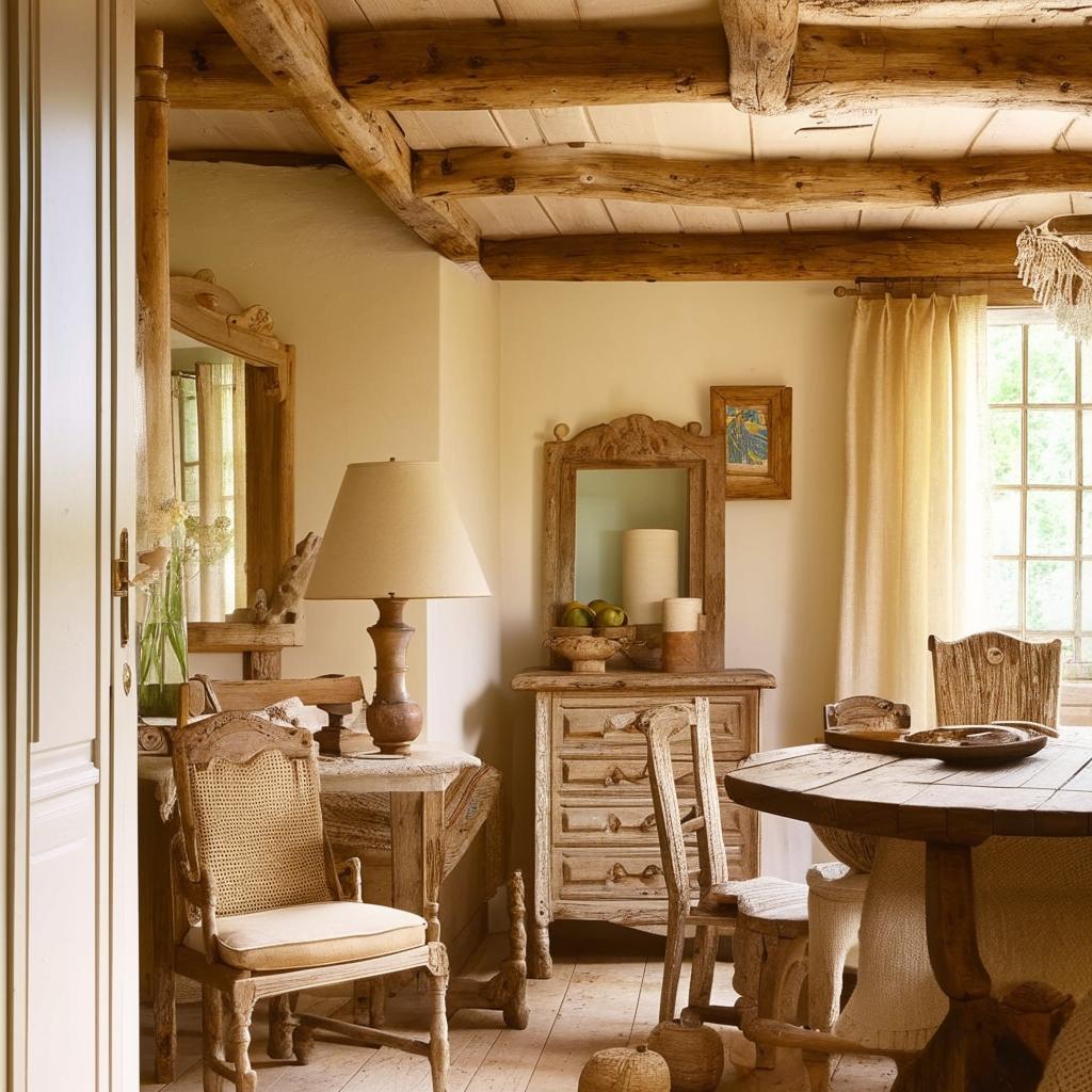 A cozy French country home interior, bathed in warm hues including tones of cream, pale yellow, and soft brown. Features rustic wooden furniture and vintage decor