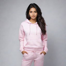 A charismatic 20-year-old Indian girl, exuding beauty and charm, casually dressed in a trendy hoodie and fashionable trousers