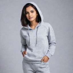 A charismatic 20-year-old Indian girl, exuding beauty and charm, casually dressed in a trendy hoodie and fashionable trousers