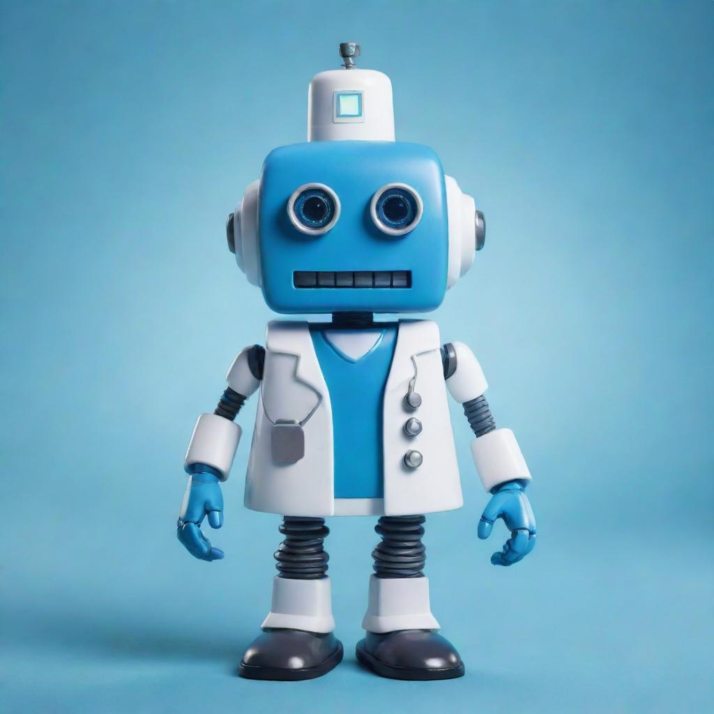 A comical robot doctor with a bold appearance and blue coloring