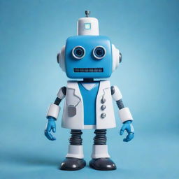 A comical robot doctor with a bold appearance and blue coloring