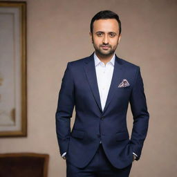 A portrait of Waseem Badami in elegant and stylish attire, capturing his charismatic personality.