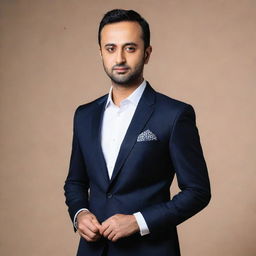 A portrait of Waseem Badami in elegant and stylish attire, capturing his charismatic personality.