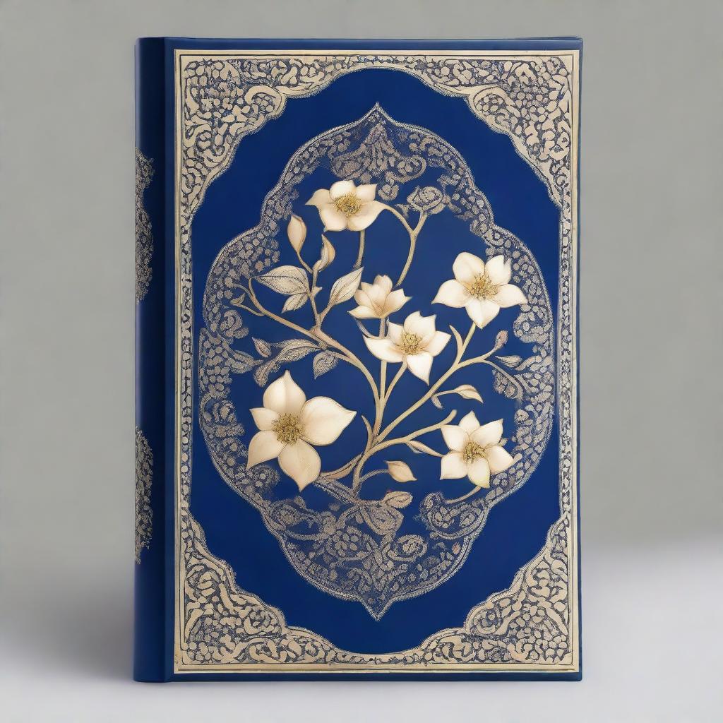 This image showcases a high-quality, gold Persian book cover adorned with dark blue and white magnolia flower ornaments