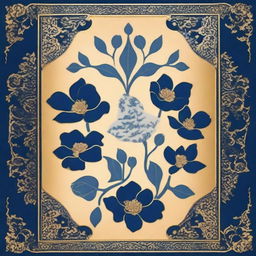 This image showcases a high-quality, gold Persian book cover adorned with dark blue and white magnolia flower ornaments