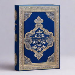 This image showcases a high-quality, gold Persian book cover adorned with dark blue and white magnolia flower ornaments