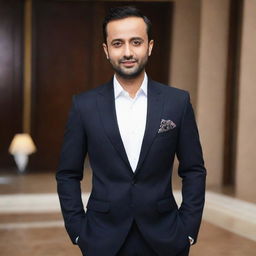 A portrait of Waseem Badami in elegant and stylish attire, capturing his charismatic personality.