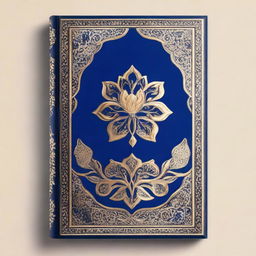 This image showcases a high-quality, gold Persian book cover adorned with dark blue and white magnolia flower ornaments