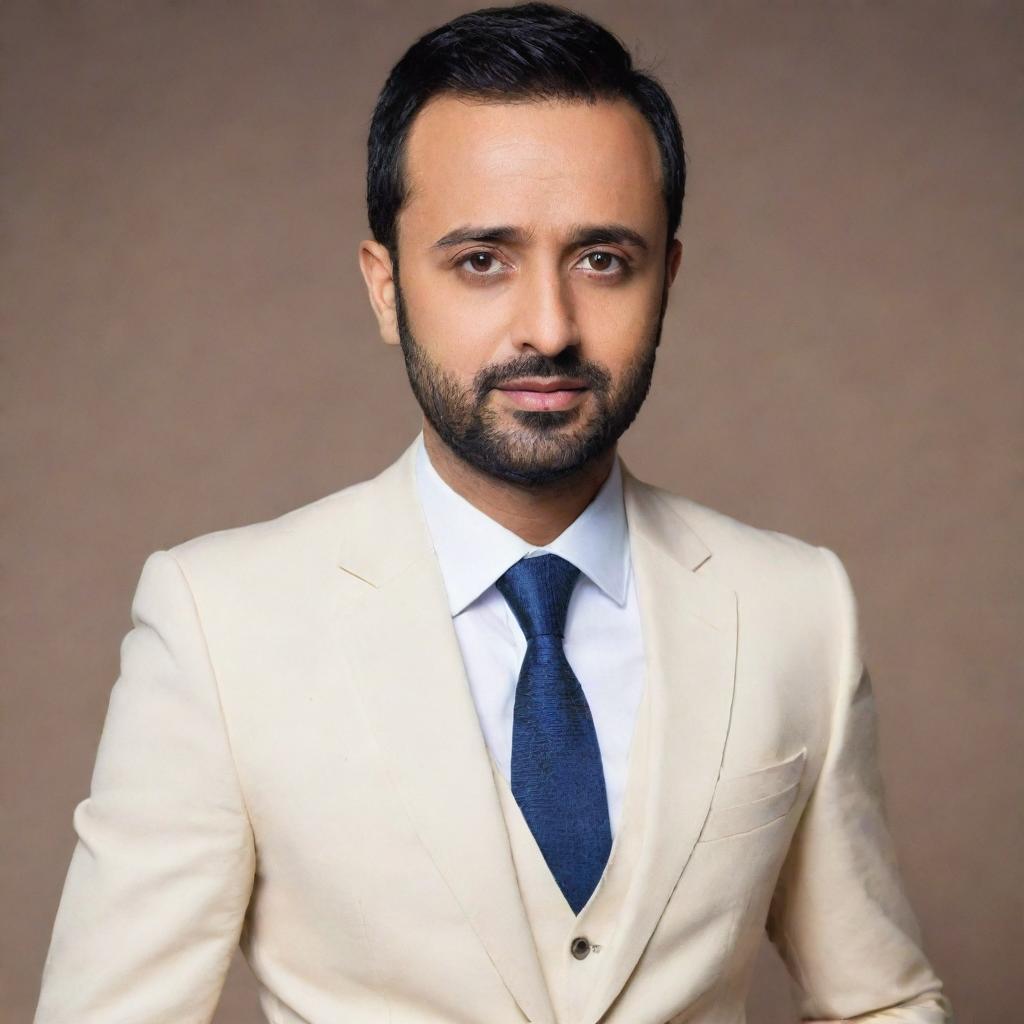 A portrait of Waseem Badami in elegant and stylish attire, capturing his charismatic personality.