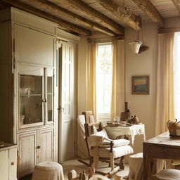 A cozy French country home interior, bathed in warm hues including tones of cream, pale yellow, and soft brown. Features rustic wooden furniture and vintage decor