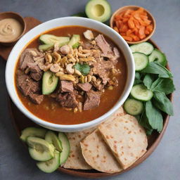 A vibrant scene of 'Rujak Soto', a traditional Indonesian dish showcasing a bowl filled with savory soup, chunky beef slices, fresh vegetables, and tantalizing peanut sauce.