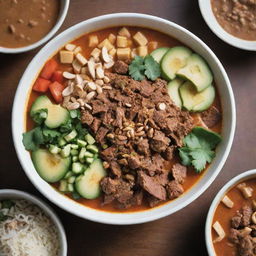 A vibrant scene of 'Rujak Soto', a traditional Indonesian dish showcasing a bowl filled with savory soup, chunky beef slices, fresh vegetables, and tantalizing peanut sauce.