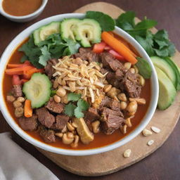 A vibrant scene of 'Rujak Soto', a traditional Indonesian dish showcasing a bowl filled with savory soup, chunky beef slices, fresh vegetables, and tantalizing peanut sauce.