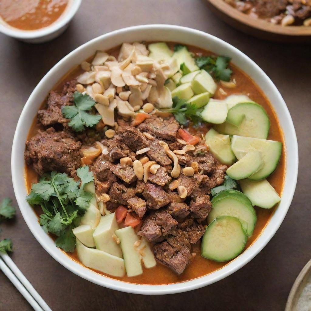 A vibrant scene of 'Rujak Soto', a traditional Indonesian dish showcasing a bowl filled with savory soup, chunky beef slices, fresh vegetables, and tantalizing peanut sauce.