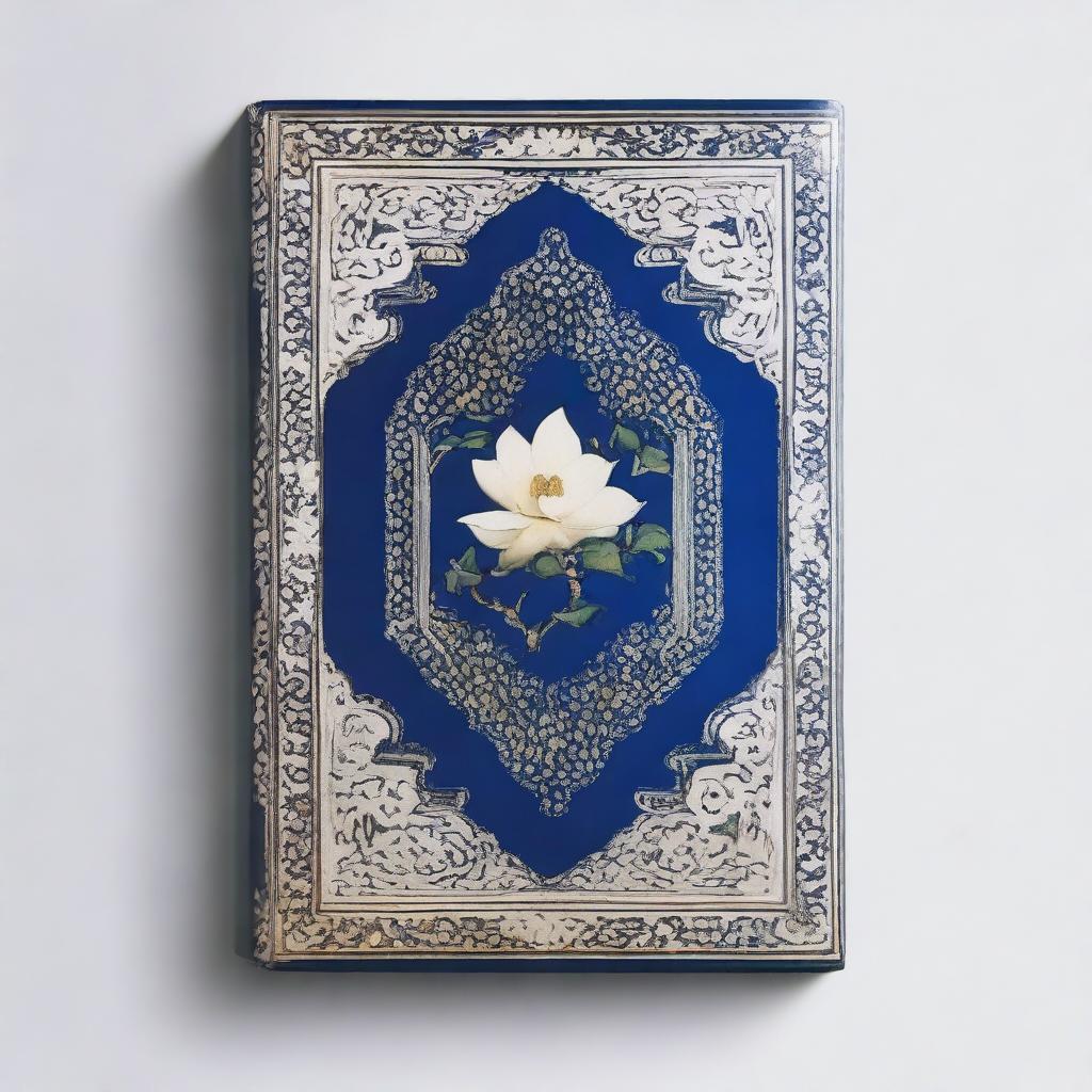 This image features a Persian book of the highest quality, adorned with dark blue and white magnolia flower ornaments