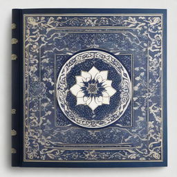 This image features a Persian book of the highest quality, adorned with dark blue and white magnolia flower ornaments