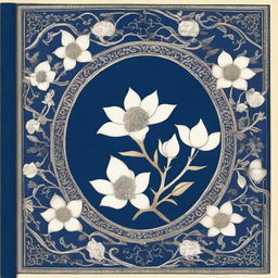 This image features a Persian book of the highest quality, adorned with dark blue and white magnolia flower ornaments