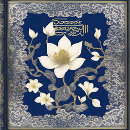 This image features a Persian book of the highest quality, adorned with dark blue and white magnolia flower ornaments