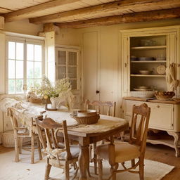 A cozy French country home interior, bathed in warm hues including tones of cream, pale yellow, and soft brown. Features rustic wooden furniture and vintage decor