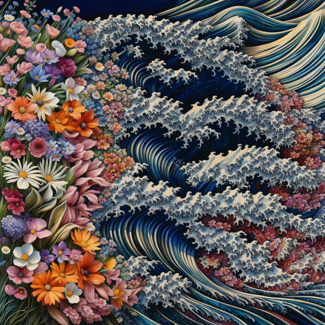 An intricately detailed large ocean wave composed entirely of a vast variety of wildflowers against a clear blue sky.