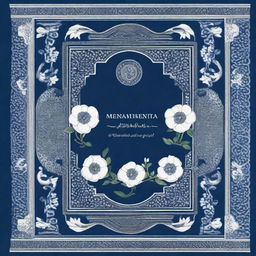 A high-quality image of a book from Turkmenistan, beautifully decorated with dark blue and white magnolia flower ornaments