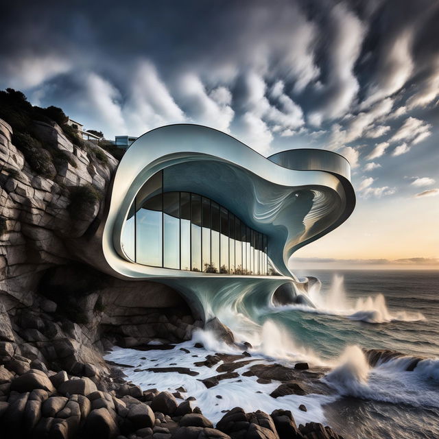 A modern house designed in the shape of an ocean wave, made from reflective materials and situated on a cliff overlooking the sea.