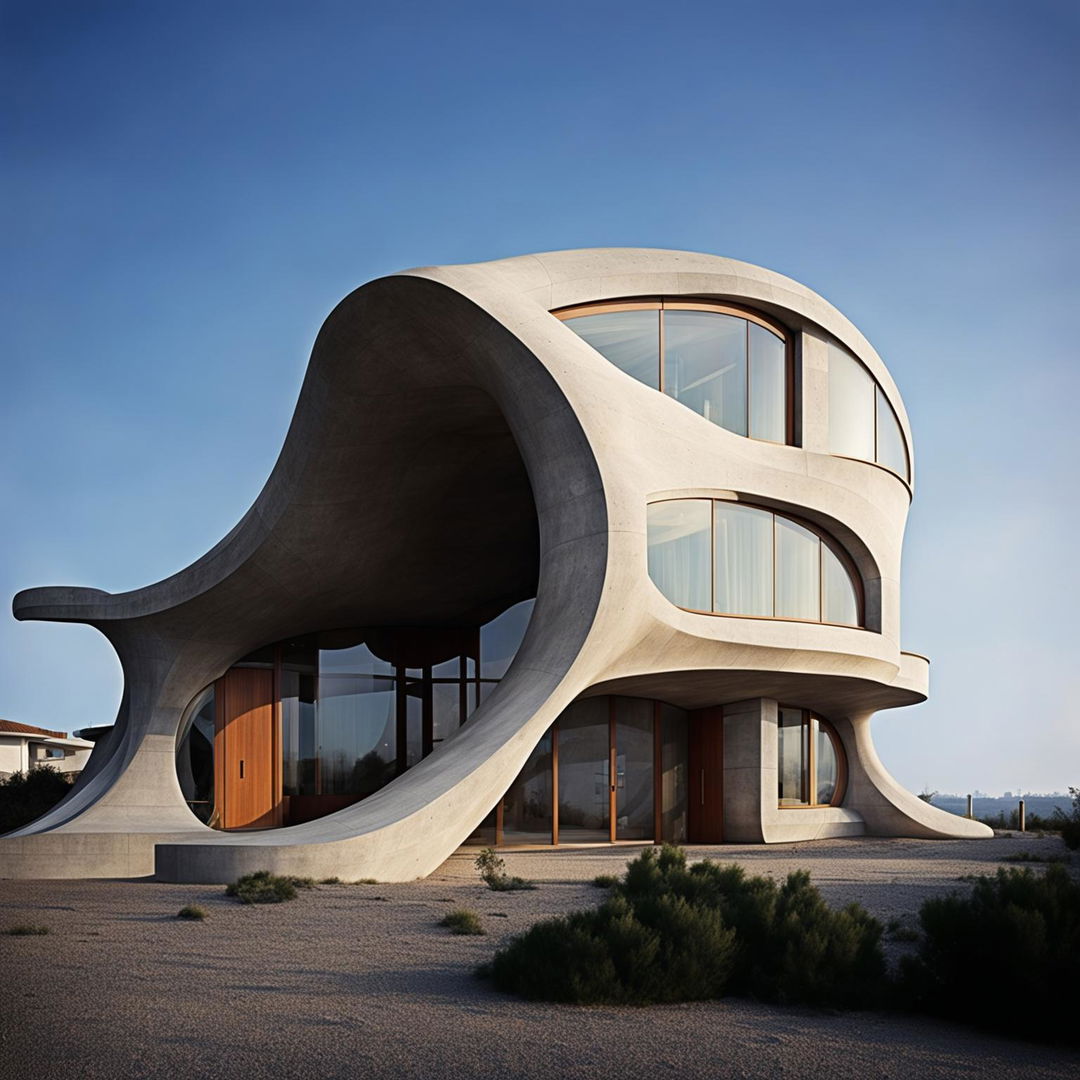 A unique concrete house designed in the shape of a wave, with windows mimicking foam and a wooden door at its base.