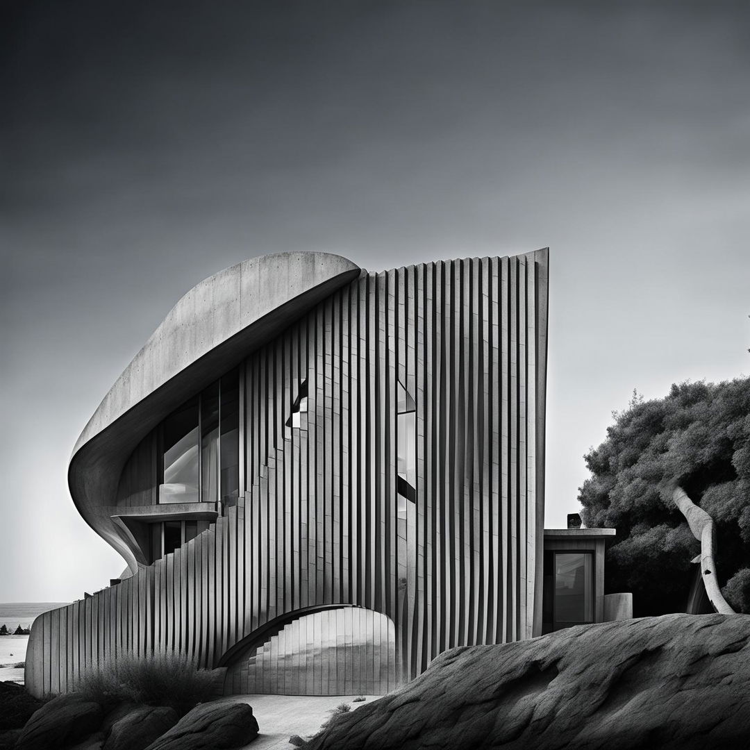 Monochrome architectural photography of a unique concrete house designed in the shape of a wave, with windows mimicking foam and a wooden door at its base.