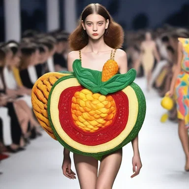 The runway model walked down the catwalk carrying a glamorous cherimolla-shaped handbag, showcasing the fruit's influence on the latest fashion trends.