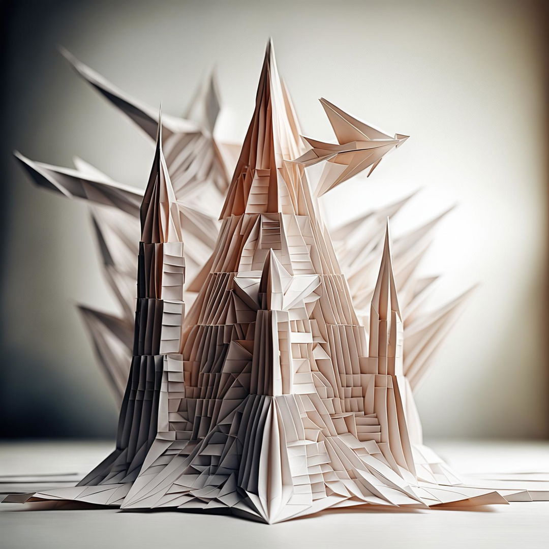 An intricate origami tower stands tall with a simple paper plane gliding towards it against a soft, neutral background.