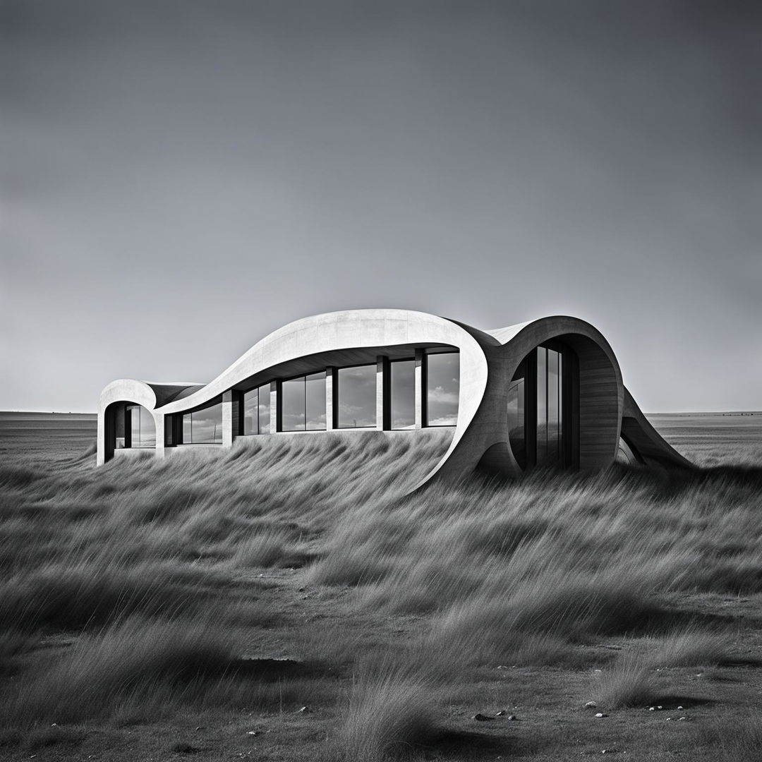 Monochrome architectural photography of a unique concrete house in the shape of a wave, located in a barren field with long sweeping grass.