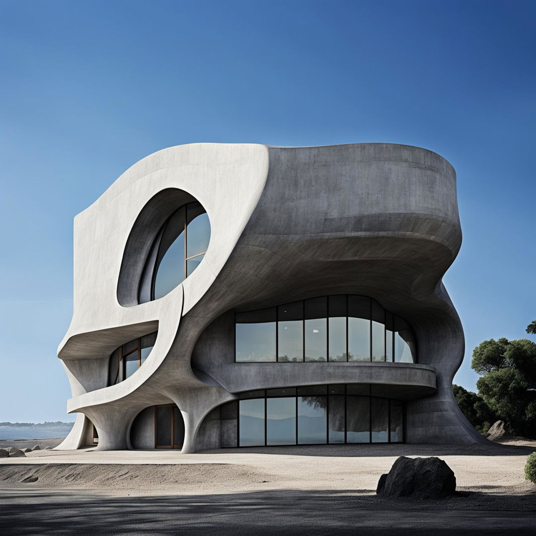 Monochrome architectural photography of a Louis Kahn inspired concrete house designed in the shape of a wave, with windows mimicking foam and a wooden door at its base.