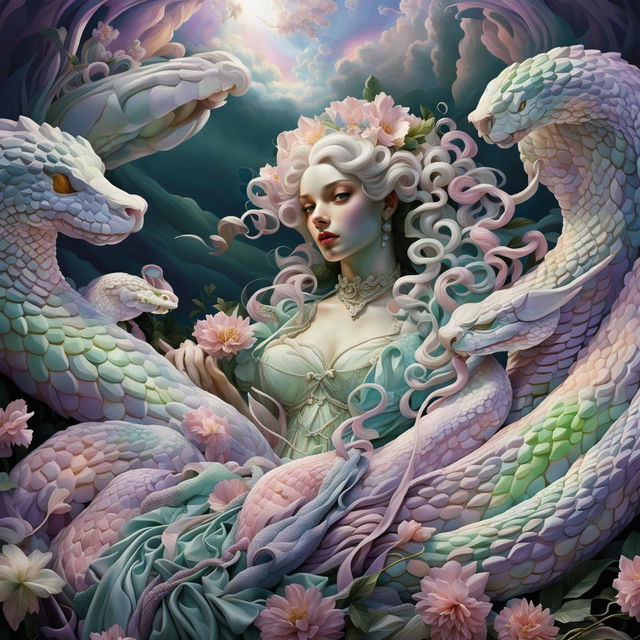 A rococo-inspired digital fine art piece featuring an ethereal dreamscape where the goddess Medusa, dressed in an elaborate pastel gown, tenderly cares for her snake hair against a backdrop of a pastel sky reflected on a mirror-like surface.