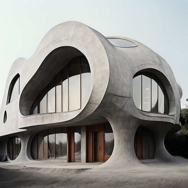 Monochromatic avant-garde architectural photography of a Louis Kahn inspired concrete house designed in the shape of a wave.