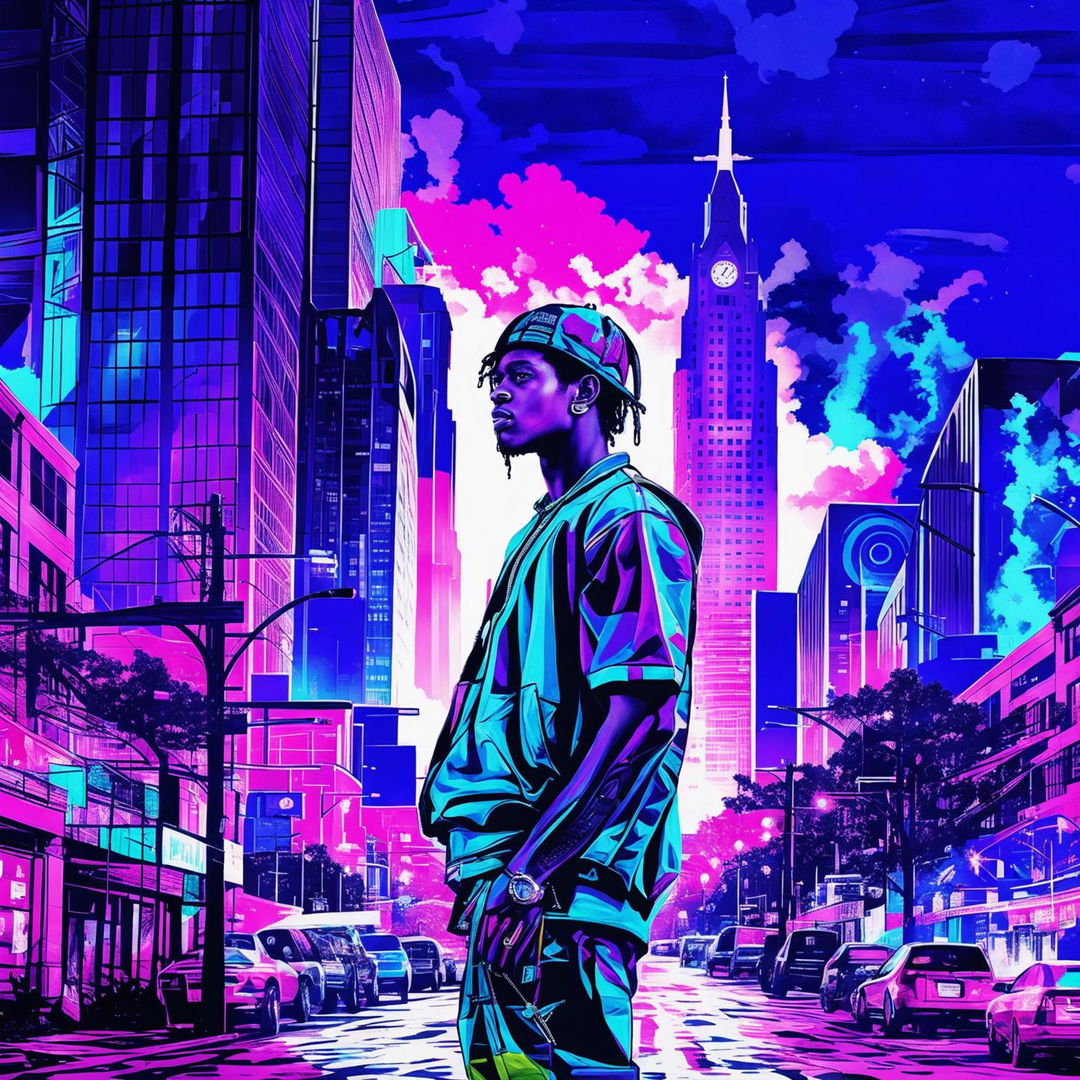 Digital collage featuring a young thug navigating through vibrant and eclectic Atlanta streets, with modern art elements creating a turbulent backdrop for concept album art.