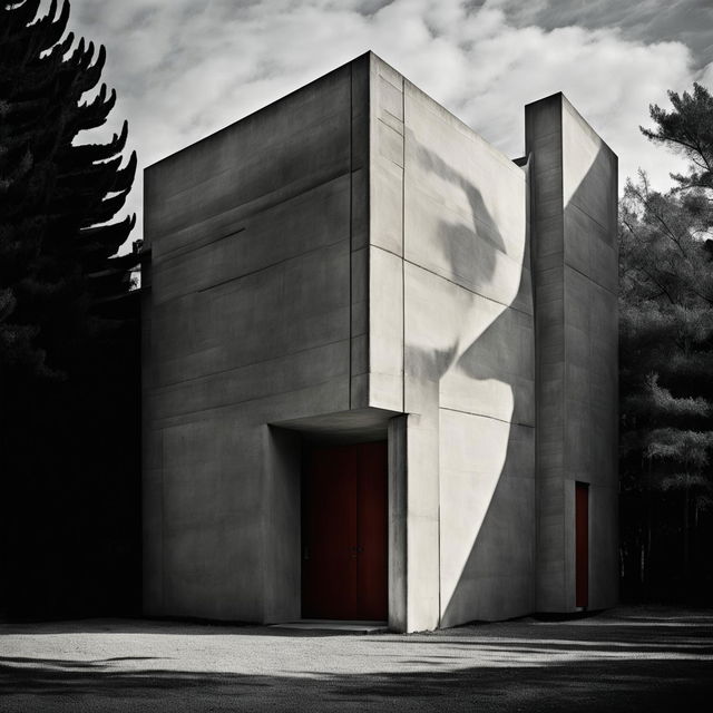 Monochromatic avant-garde architectural photography of an angular, Louis Kahn inspired concrete house.